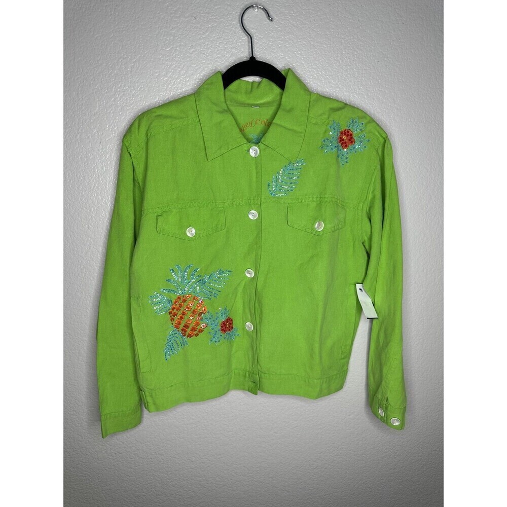 NEW Casey Coleman Jacket Womens Medium Green Linen Embroidered Pineapple Sequin